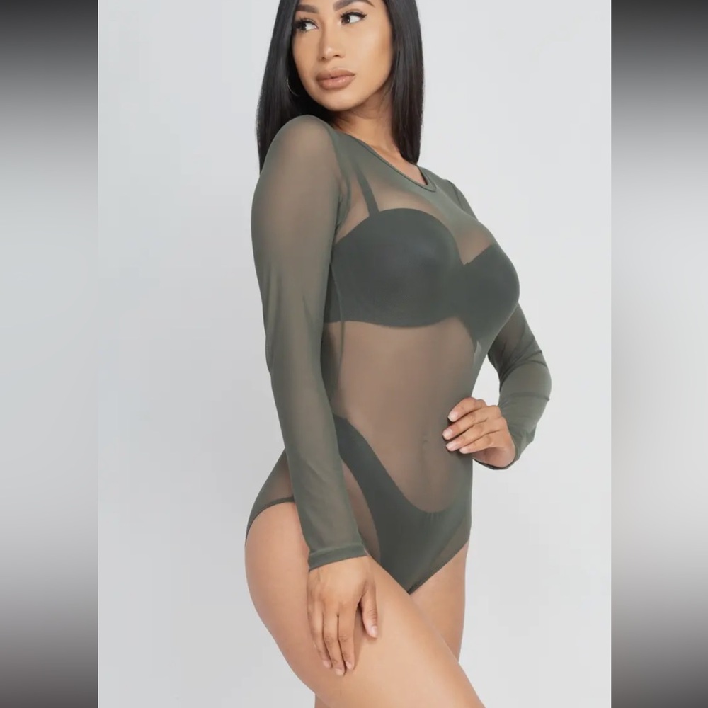 Sheer Long Sleeve Bodysuit in Olive
